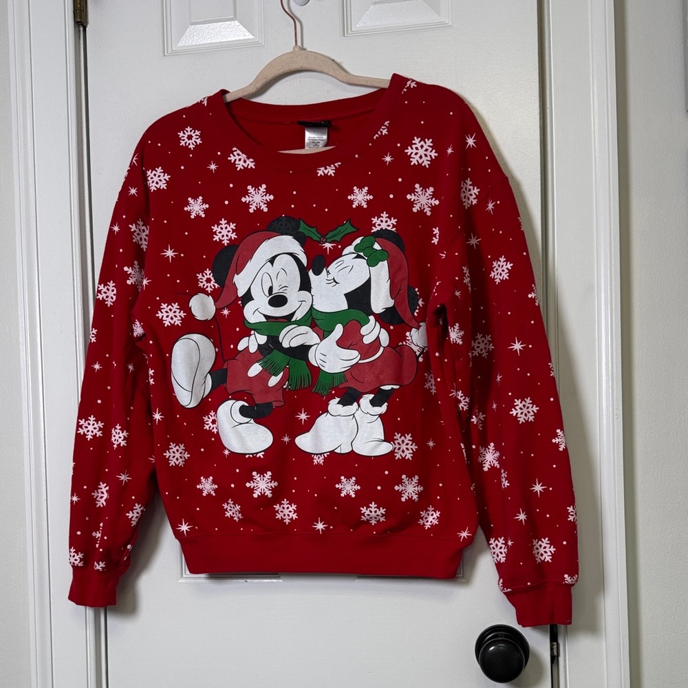 Vintage Disney Mickey Minnie Christmas Sweatshirt Red Snowflake Medium